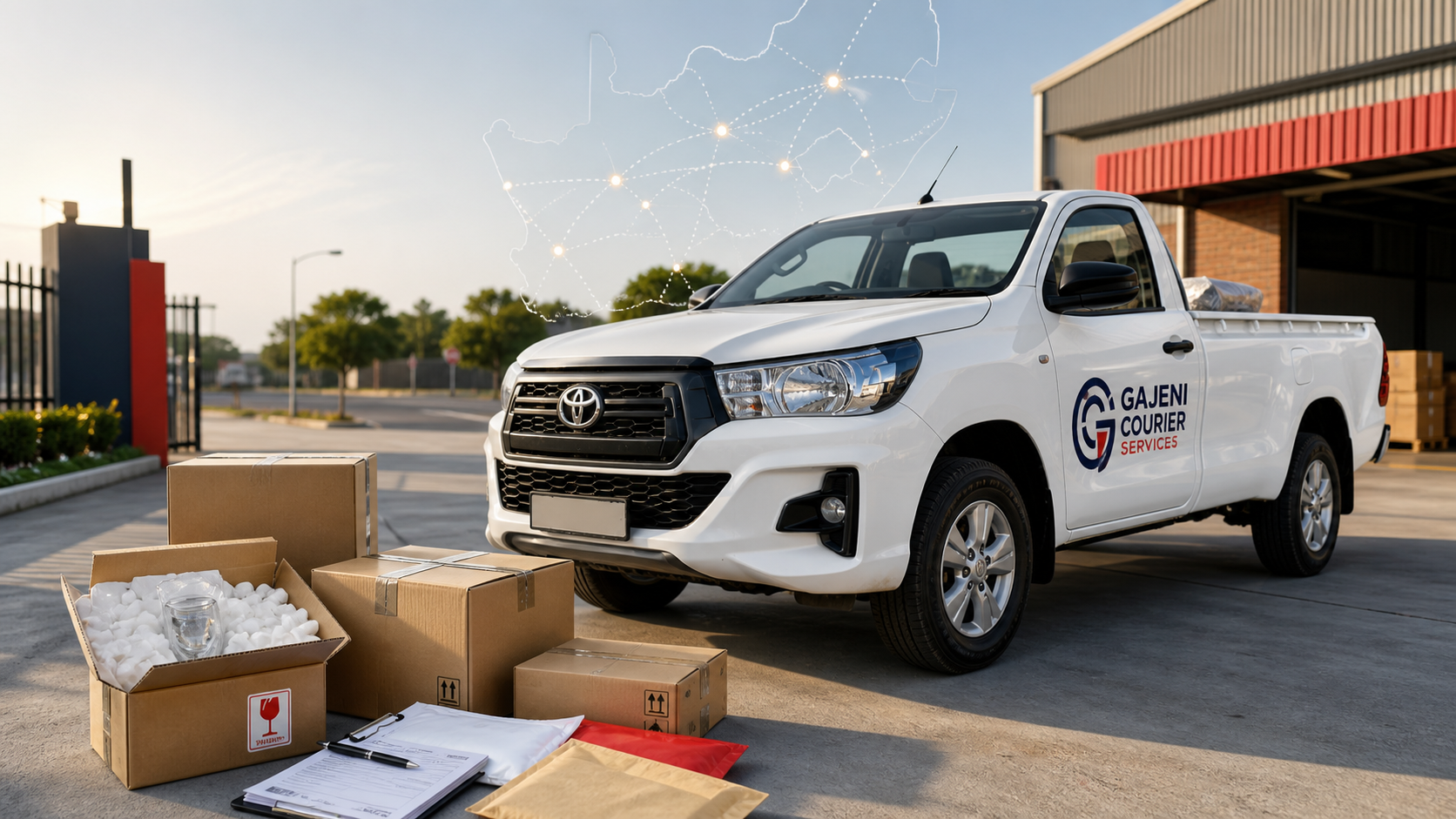 White pickup bakkie with parcels for business courier deliveries