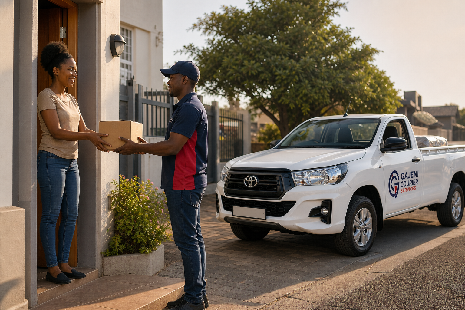 Gajeni courier handing a parcel to a customer at their front door beside the branded bakkie