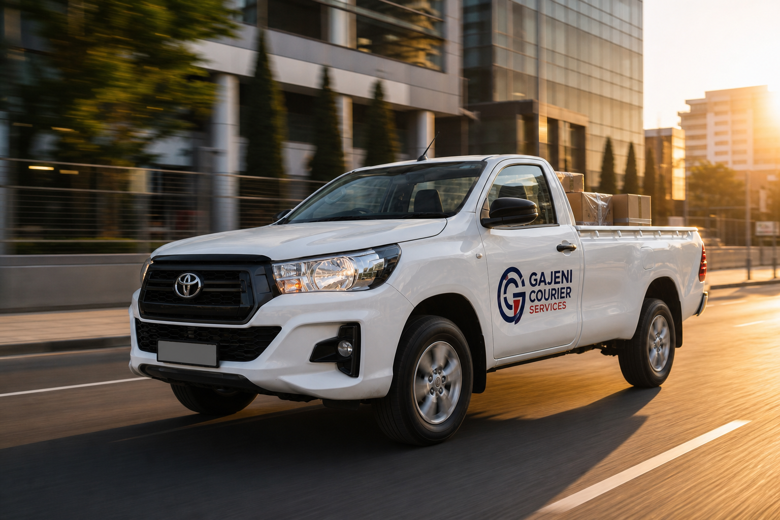 Gajeni branded bakkie carrying parcels through the city for express delivery