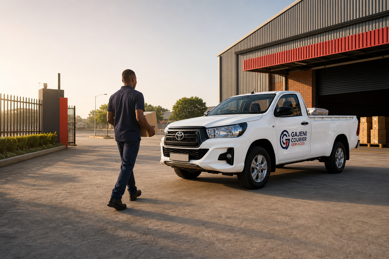 Gajeni branded bakkie and courier preparing a same-day parcel delivery
